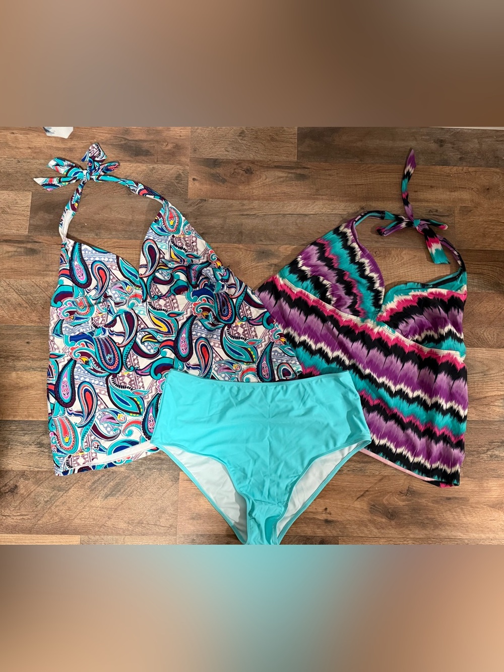 Mix-and-Match Turquoise High-Waist Bikini Bottoms with Two Halter Tankini Tops